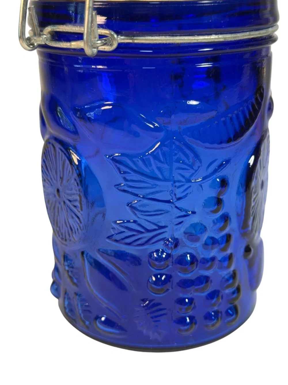Cobalt Blue Glass Canister Embossed Fruit Lemon Cherries Grapes Wire Bail 6